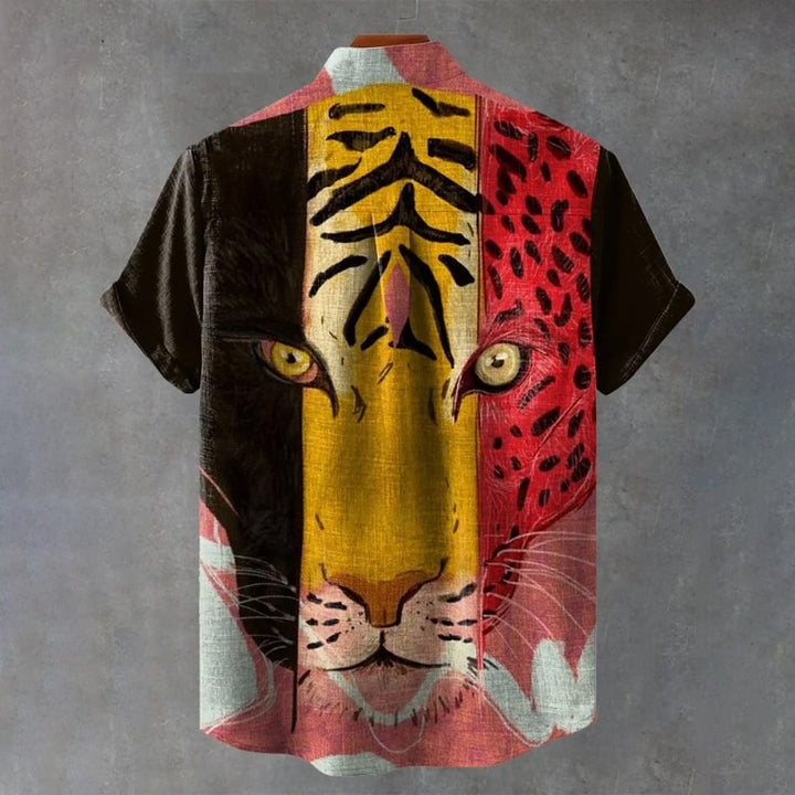 Colorblock Leopard and Tiger Art Print Casual Shirt