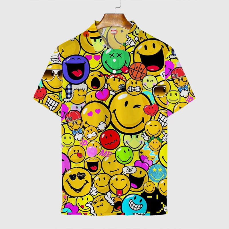 Casual Hawaiian Psychedelic Smiley Face Printing Short Sleeve Polo