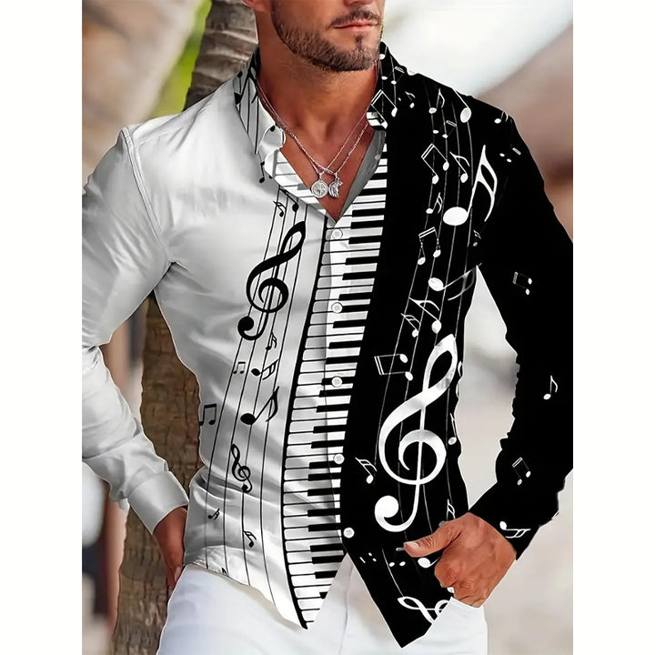 Men's classic musical note print long-sleeved shirt