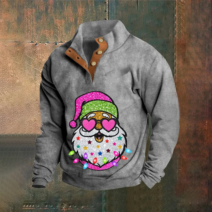 Men's Glitter Santa Print Zippered Stand Collar Button Down Sweatshirt