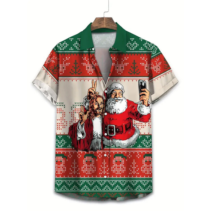 Men's Funny Santa Claus Selfie Print Casual Shirt