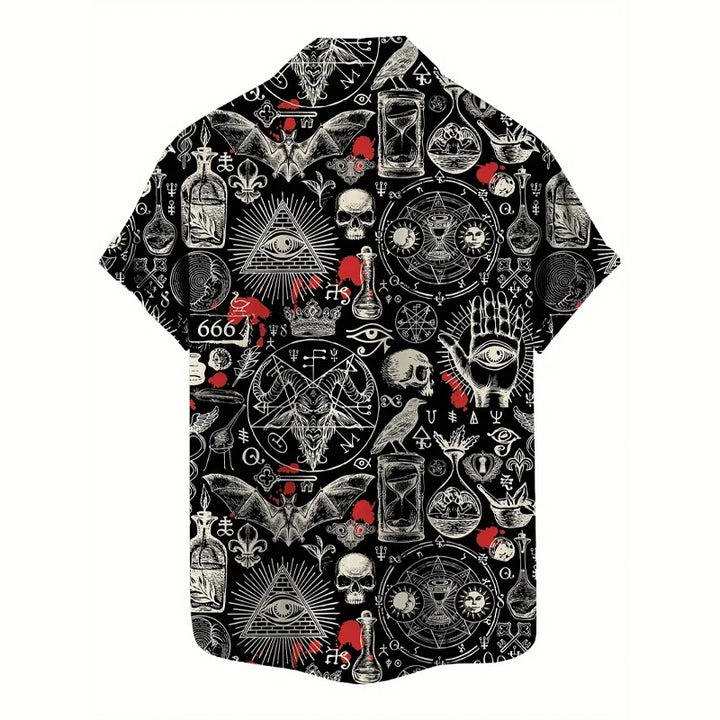 Men's Unique Skeleton Skull and Bat Pattern Short Sleeve Shirt