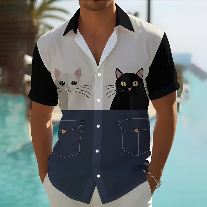 Men's Vintage Inspired Unique Cat Print Short Sleeve Shirt