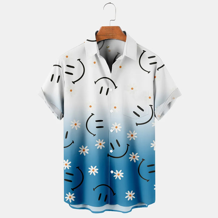 Hawaiian Gradient Smiley Floral Print Short Sleeve Shirt