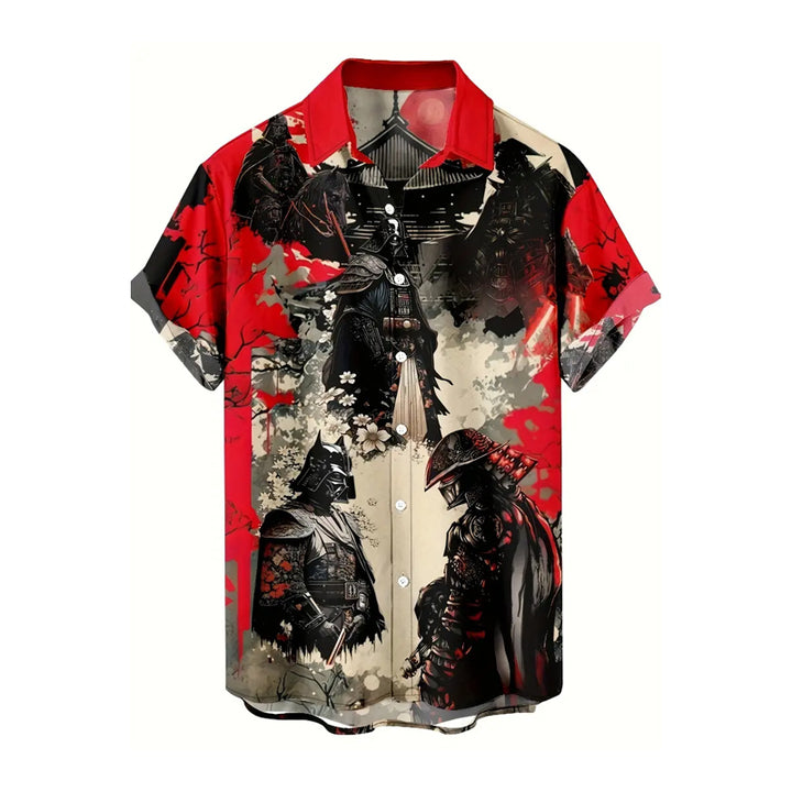 Men's Samurai Pattern Print Lapel Shirt