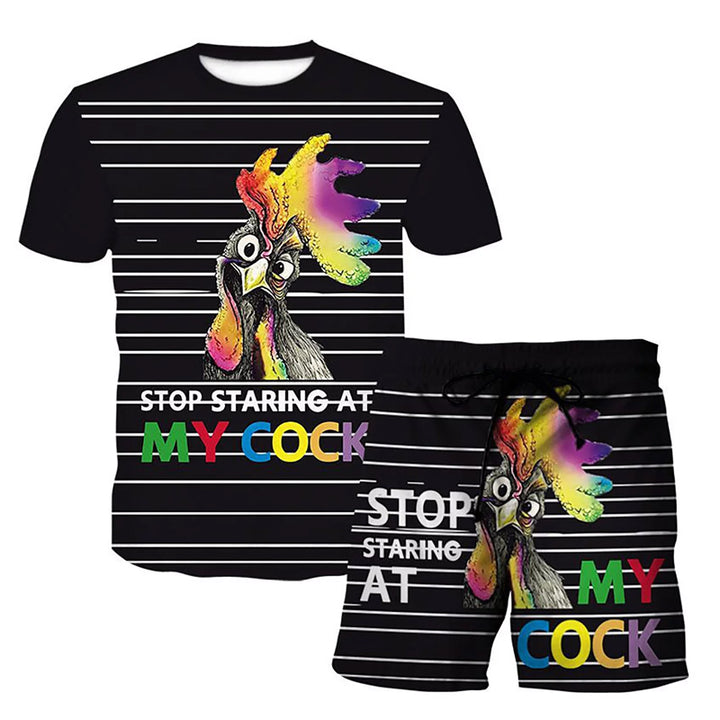 Men's 3D rooster print short-sleeved T-shirt and shorts two-piece set 2407002502