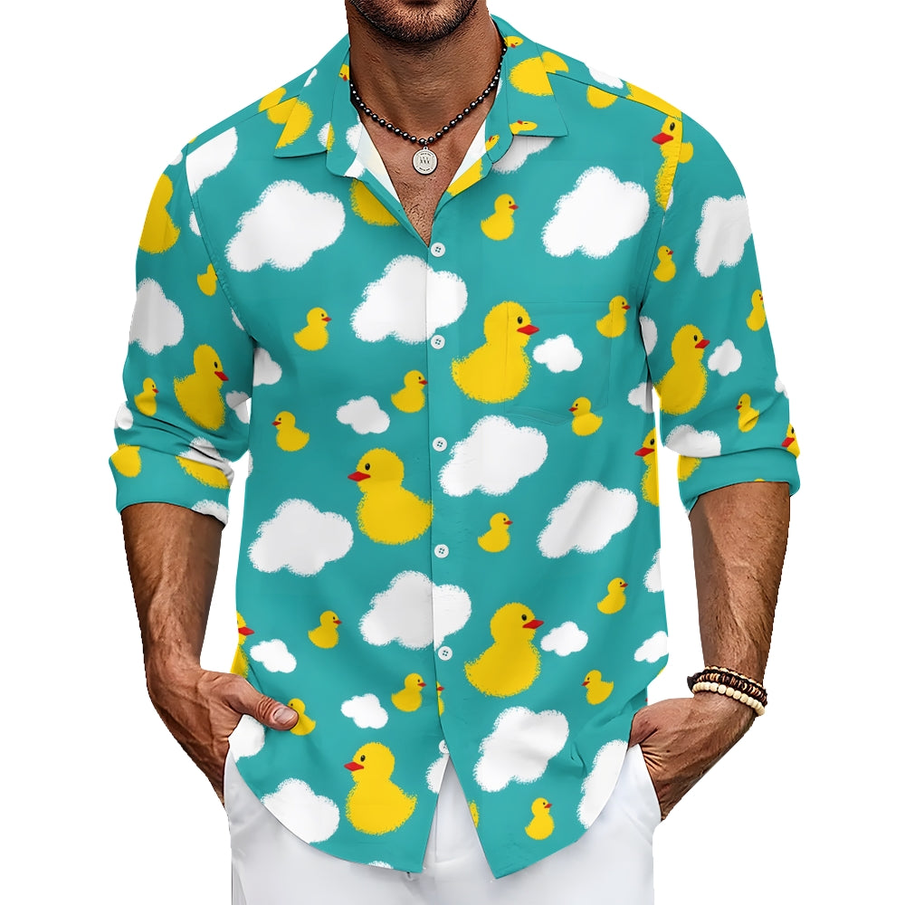 Little Yellow Duck White Cloud Print Casual Short Sleeve Shirt 2403000185