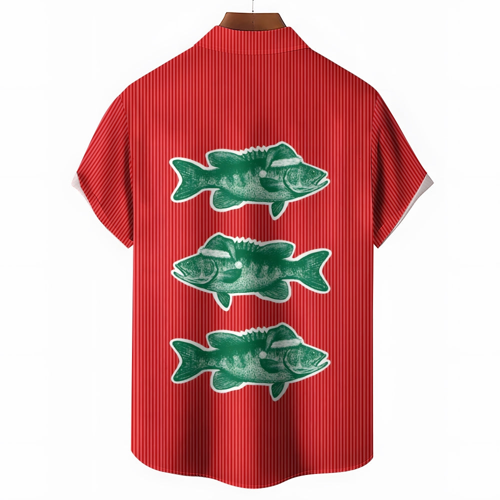 Striped Christmas Fish Print Casual Short Sleeve Shirt 2412006800