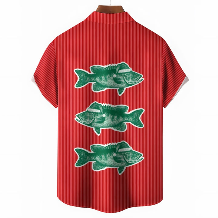 Striped Christmas Fish Print Casual Short Sleeve Shirt 2412006800