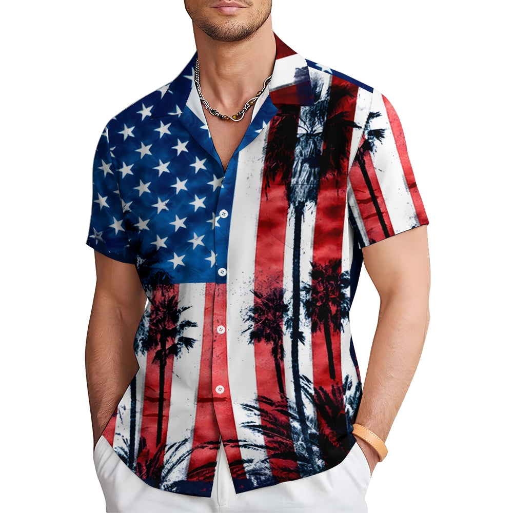 American Flag Palm Trees Casual Short Sleeve Shirt 2411003451