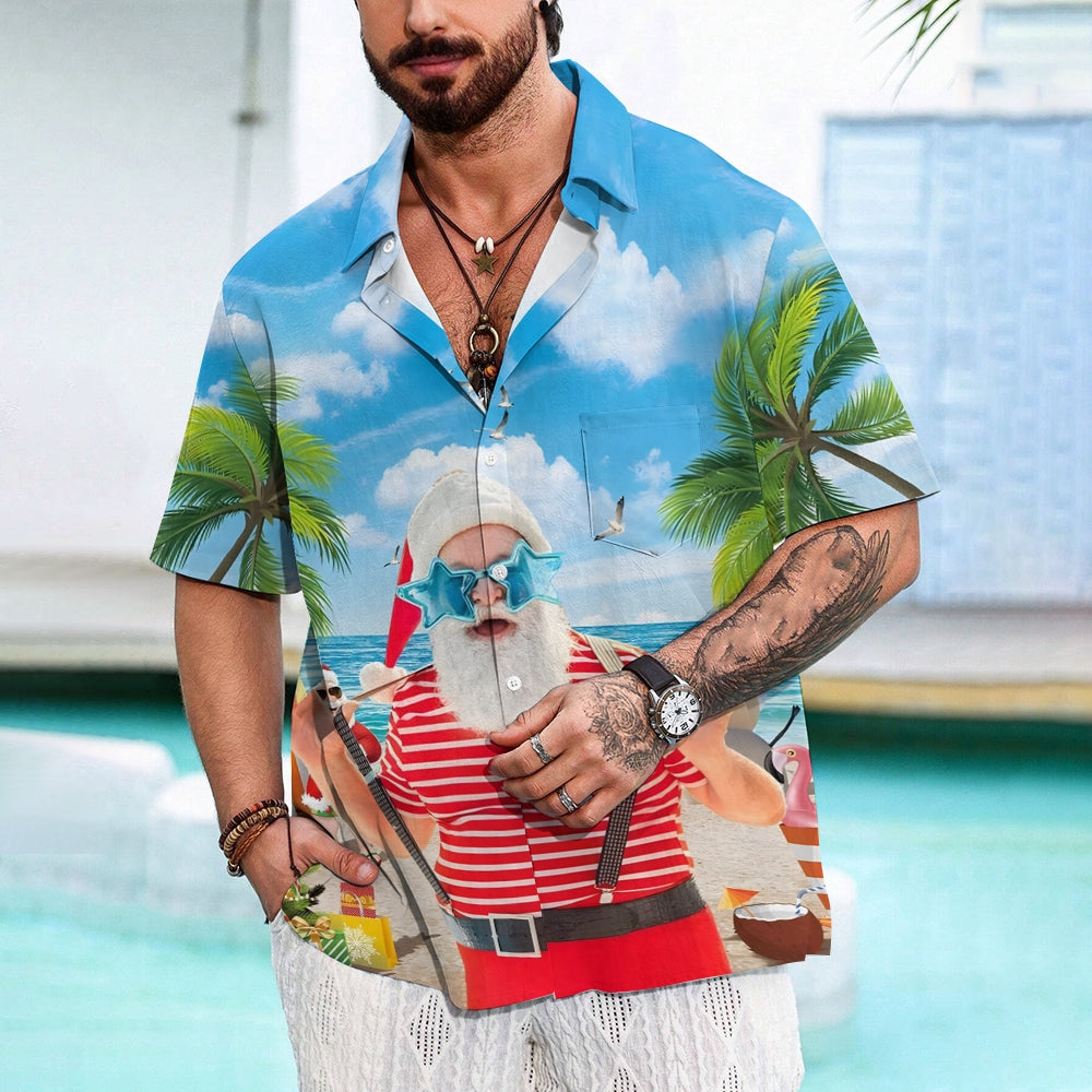 Santa Claus Print On The Beach Short Sleeve Shirt 2410003388