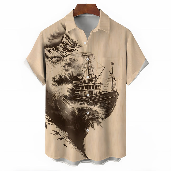 Sailing Wave Boat Print Casual Short Sleeve Shirt 2412005899