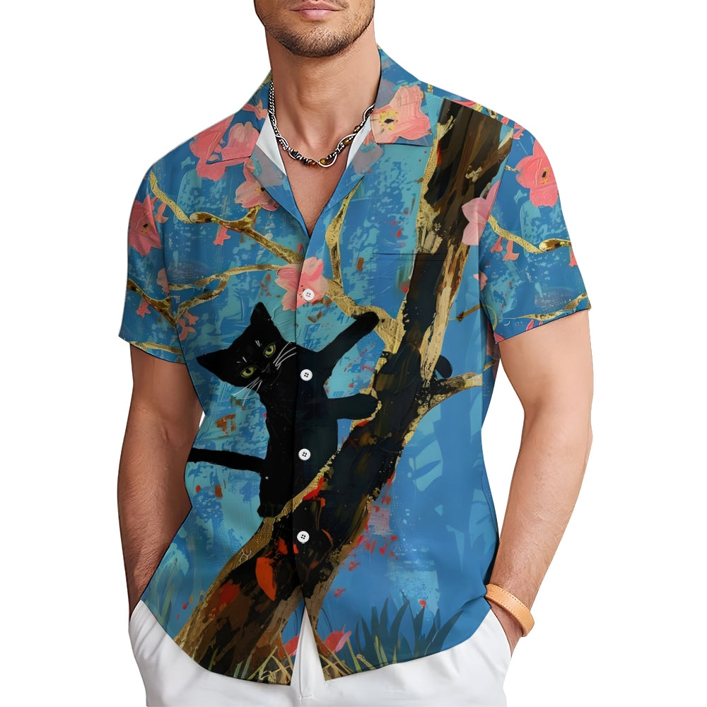 Cat On A Tree Fun Print Short Sleeve Shirt 2412008959