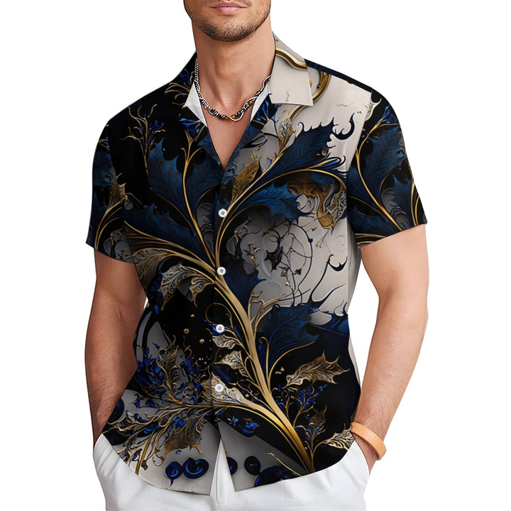Hawaiian Gilded Art Floral Print Men's Button Pocket Short Sleeve Shirt 2405000204
