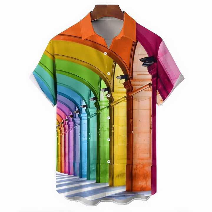 Colorful Architectural Print Linen Short-Sleeved Shirt 2409010674