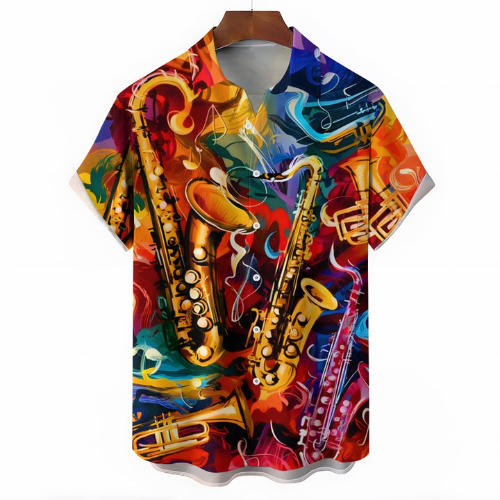 Men's Music Saxophone Print Casual Short Sleeve Shirt 2412007593