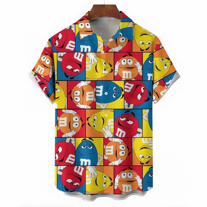 Cartoon Chocolate Beans Print Chest Pocket Short Sleeve Shirt 2411002229