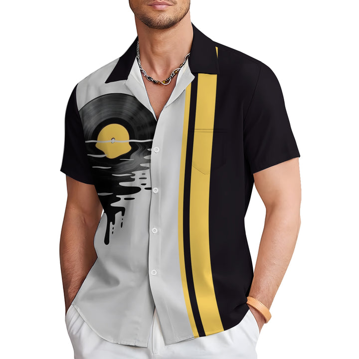 Music Vinyl Record Print Plus Size Bowling Shirt Casual Short Sleeve Shirt 2404000701
