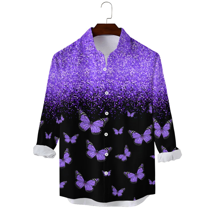 Men's Purple Glitter Butterfly Printed Long Sleeve Shirt 2412005344