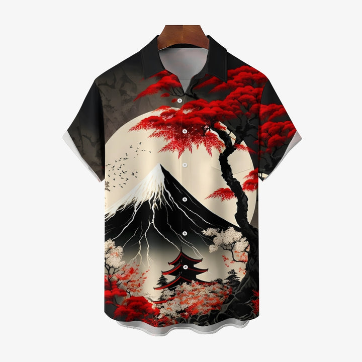 Ukiyo-E Landscape Snow Mountain And Tree Printing Short Sleeve Shirt 2404001930