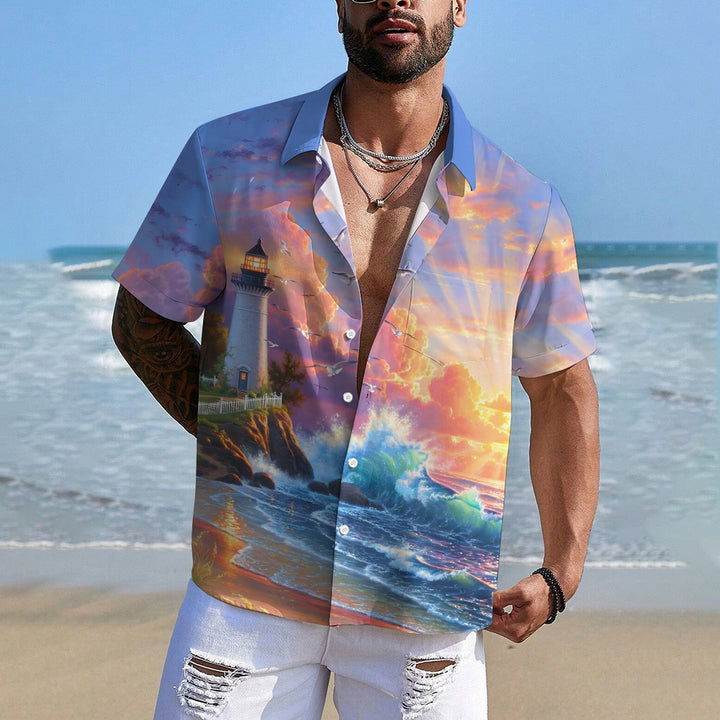 Seaside Landscape Print Casual Short Sleeve Shirt 2408002157