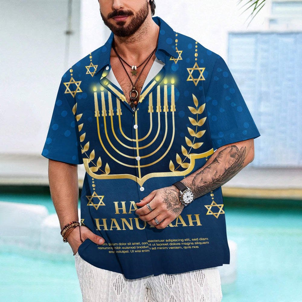 Happy Hanukkah Candle Print Short Sleeve Shirt 2411011956