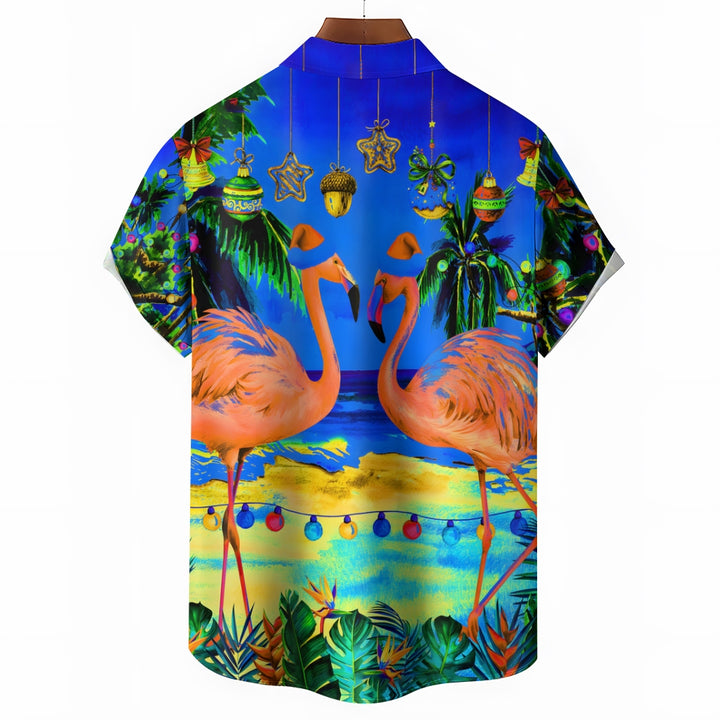 Christmas Flamingo Lantern Print Short Sleeve Shirt 2411008108