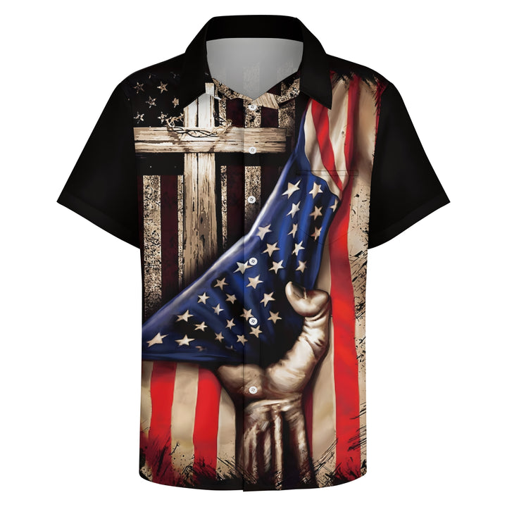 Men's Flag Patriotism Cross Casual Short Sleeve Shirt 2404001063