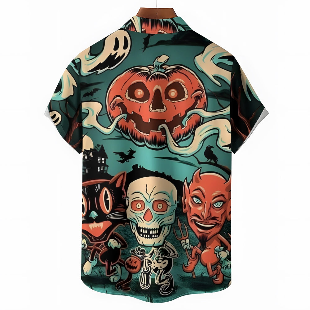 Ghost Devil and Black Cat Halloween Large Size Short Sleeve Shirt 2407004243