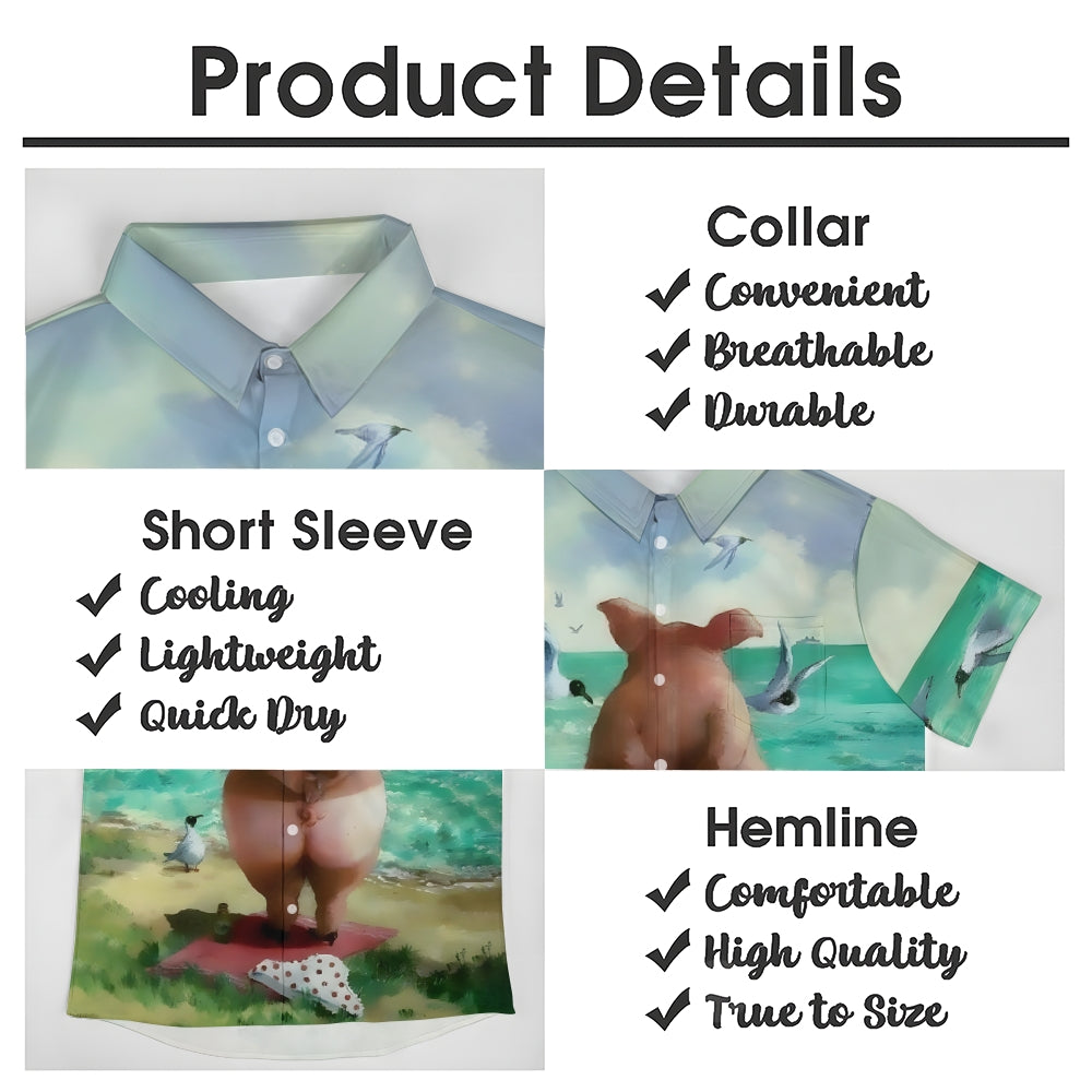 Funny Pig on the Beach Print Short Sleeve Shirt 2410003818