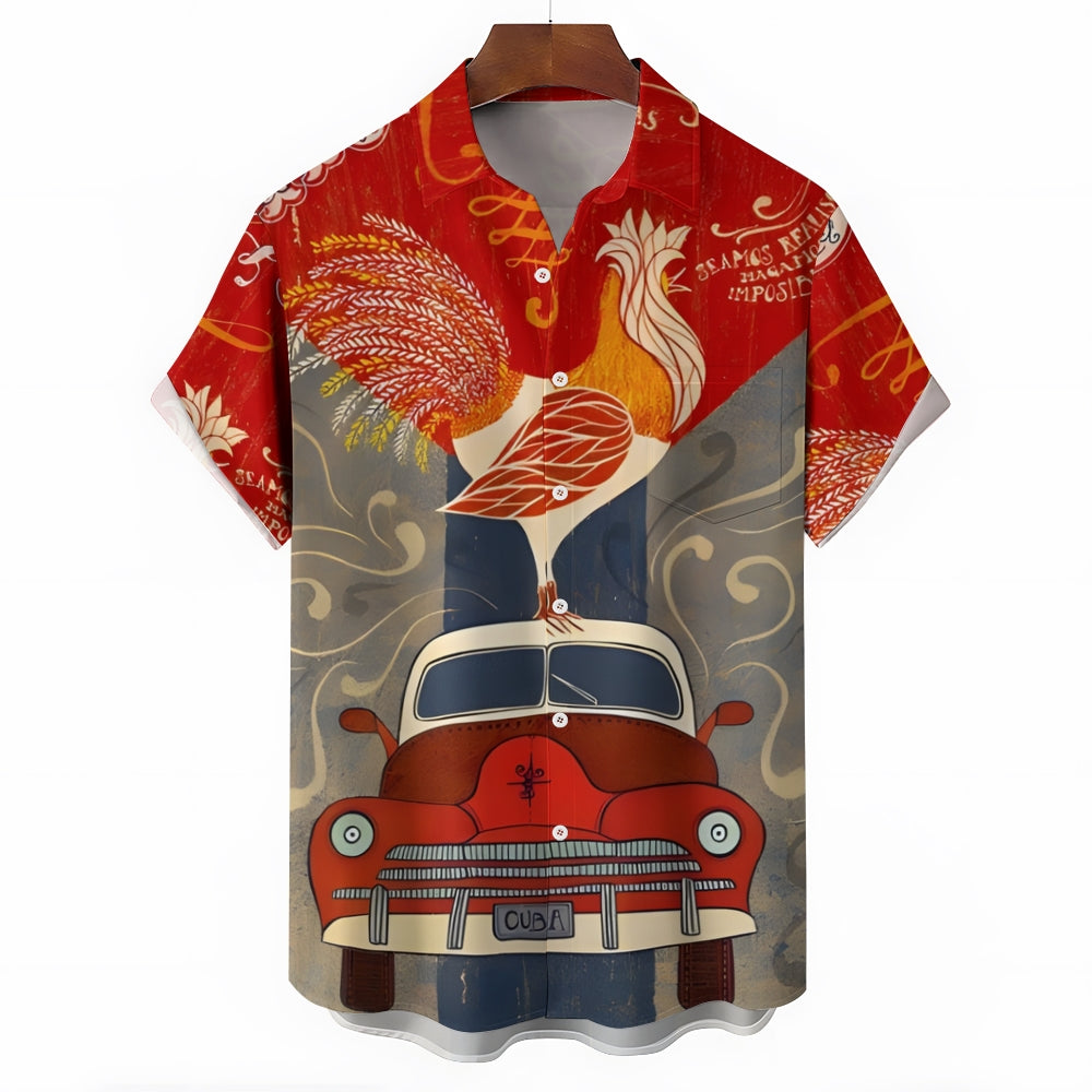 Men's Rooster Car Print Casual Short Sleeve Shirt 2404000452