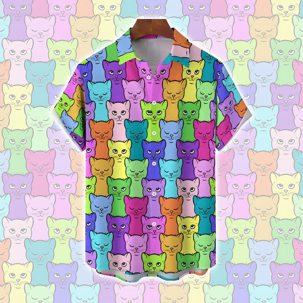 Abstract Cat Chest Pocket Short Sleeve Casual Shirt 2401000220