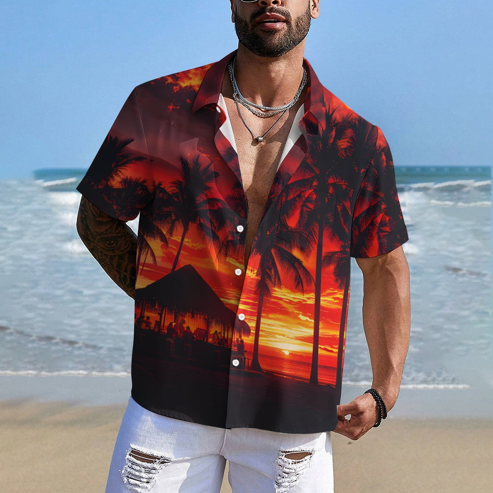 Beach Sunset Print Casual Short Sleeve Shirt 2408002795