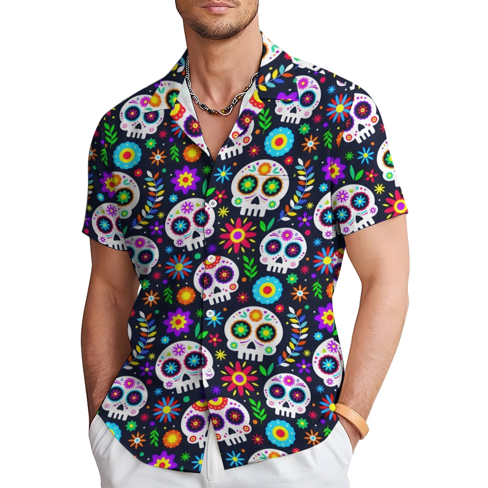 Mexican Culture Skull Print Short Sleeve Shirt 2411002296