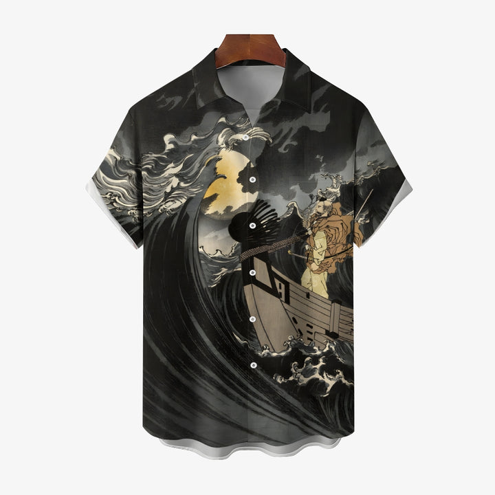 Ukiyo-e Waves and Samurai Casual Large Size Short Sleeve Shirt 2406003242