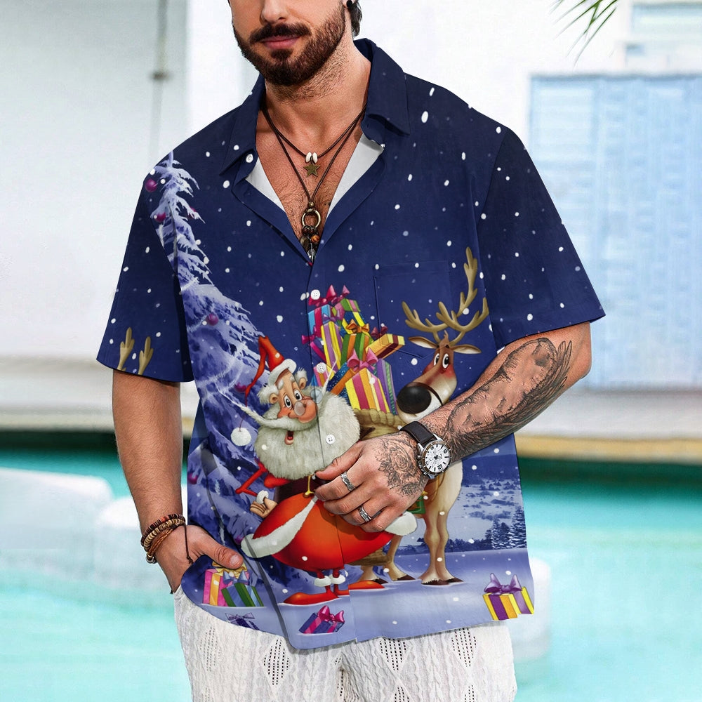 Men's Santa Claus and Elk Casual Short Sleeve Shirt 2411004006