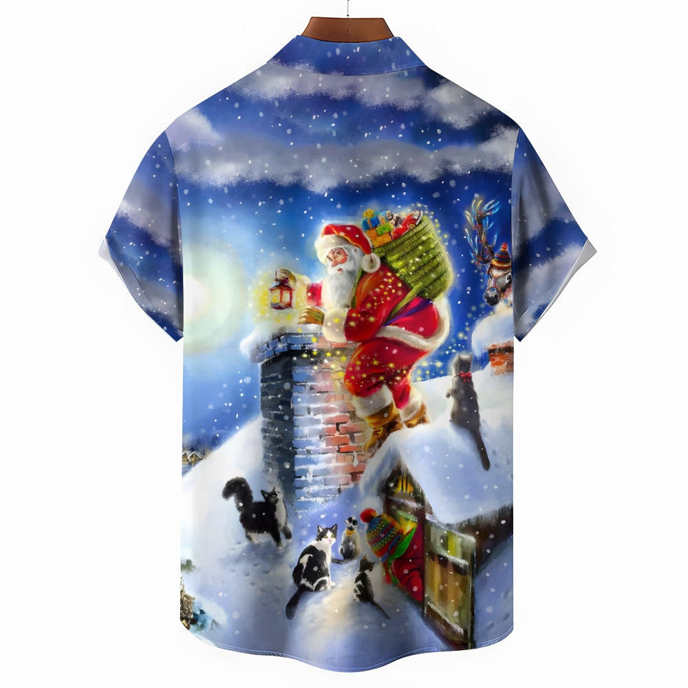 Christmas Santa Claus Giving Gifts Chest Pocket Short Sleeve Shirt 2411005930