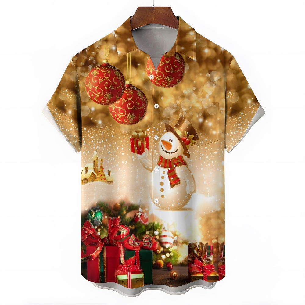 Christmas Snowman Gift Chest Pocket Short Sleeve Shirt 2411005870