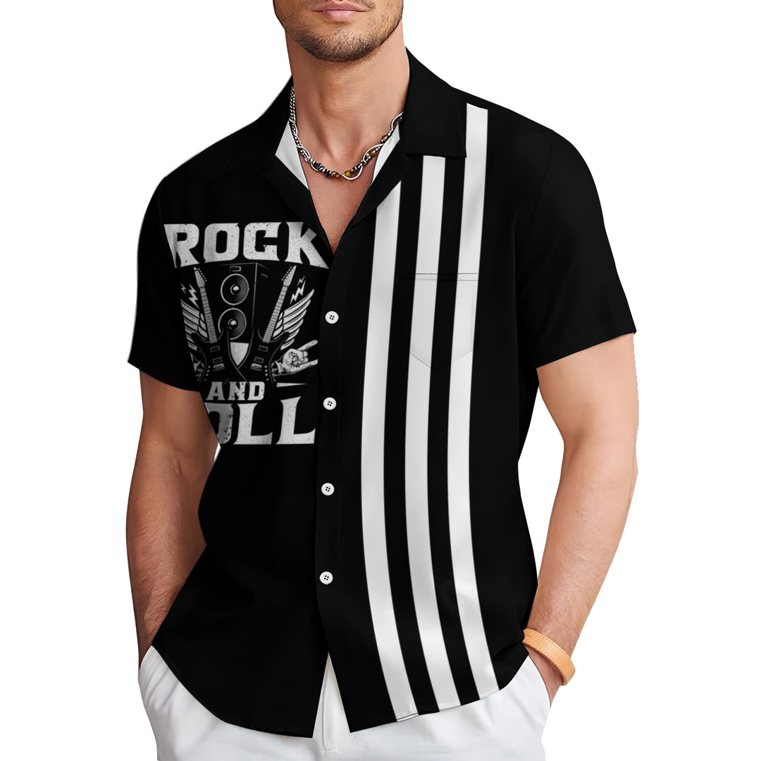 Rock Music Print Bowling Shirt Plus Size Casual Short Sleeve Shirt 2404000705