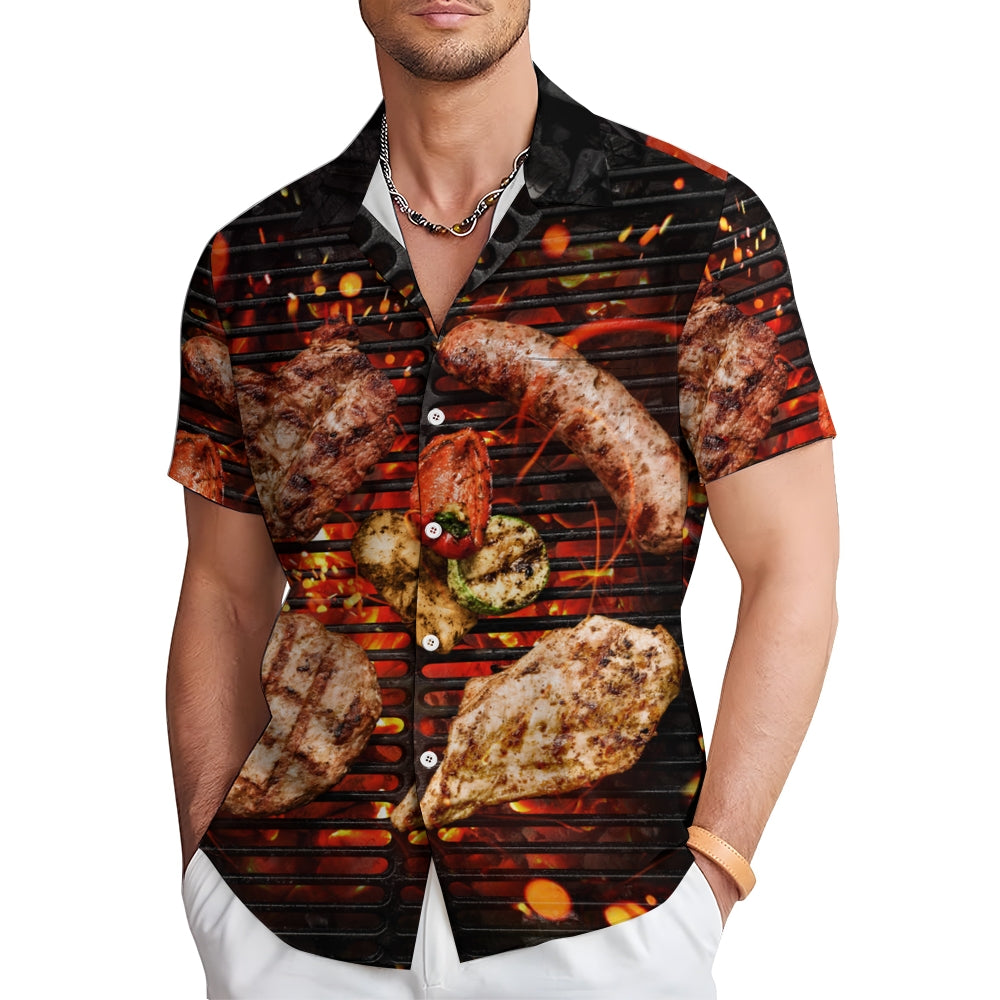 BBQ Food Print Casual Large Size Short Sleeve Shirt 2408002710