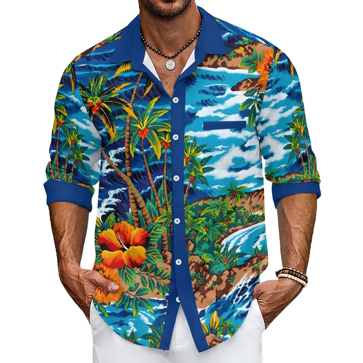 Men's Casual Hawaiian Coconut Palm Printed Long Sleeve Shirt 2403000599