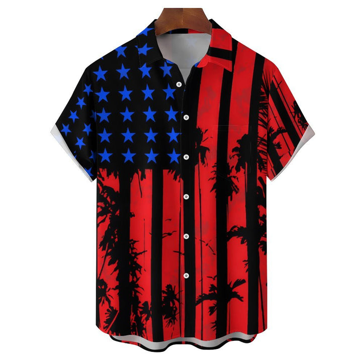 Flag Coconut Tree Chest Pocket Short Sleeve Casual Shirt 2312000516