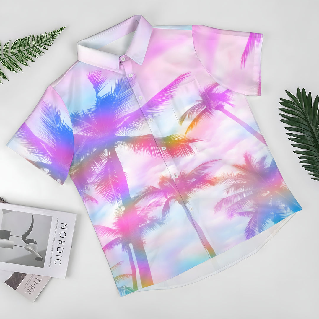 Colorful Coconut Trees Hawaiian Casual Short Sleeve Shirt 2404000409