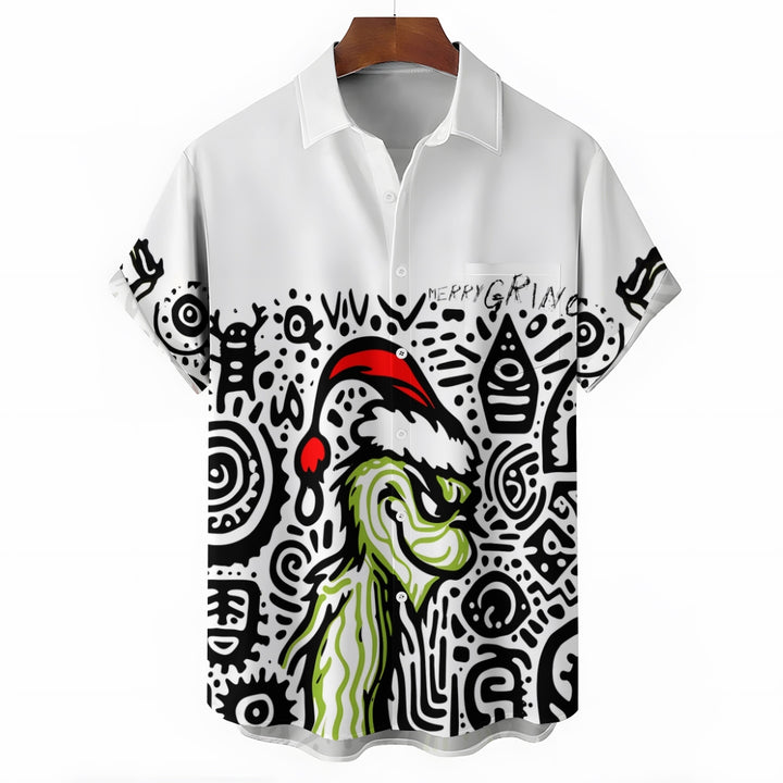 Cartoon Line Christmas Green Monster Casual Short Sleeve Shirt 2409007983