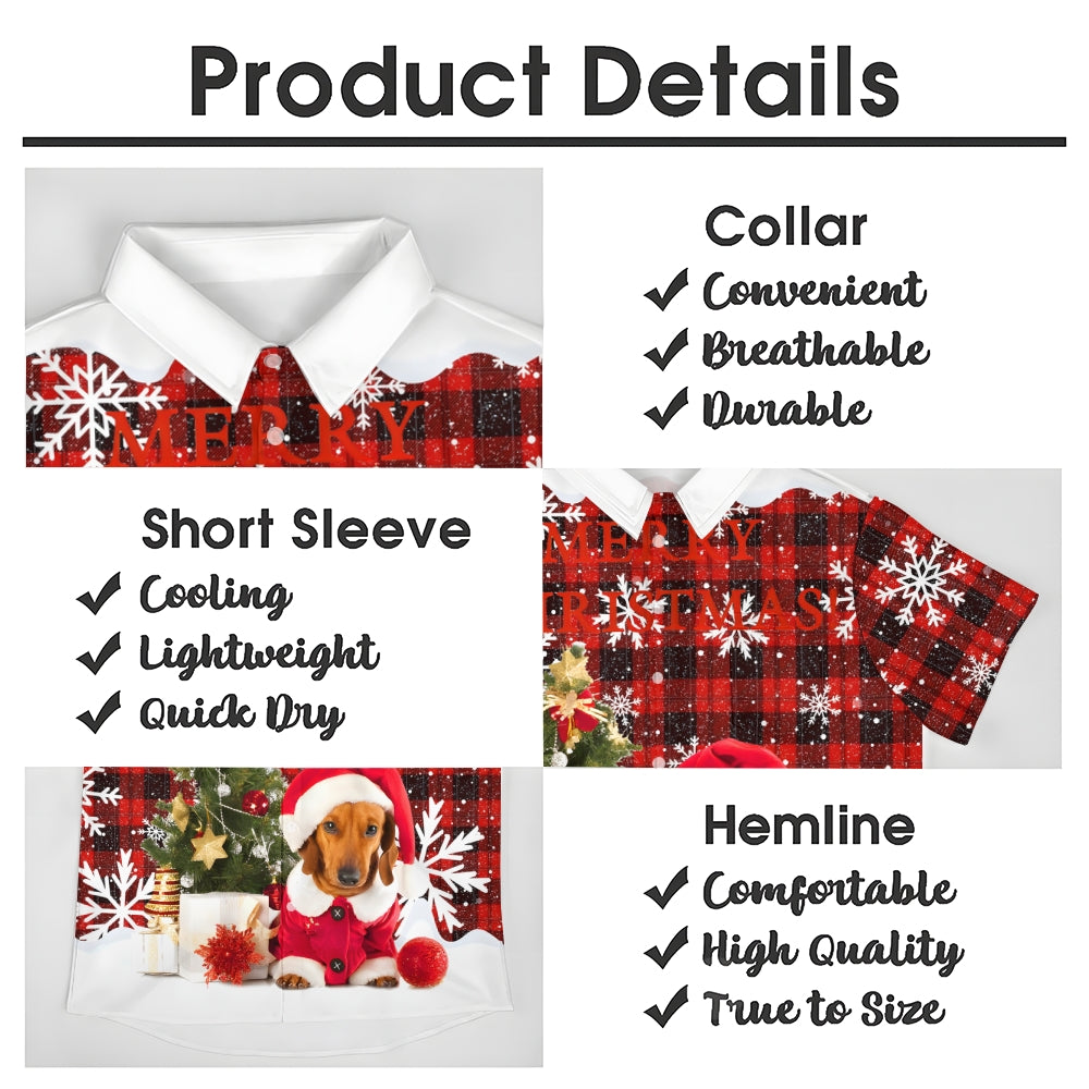 Dachshund Christmas Plaid Print Short Sleeve Shirt 2410003794