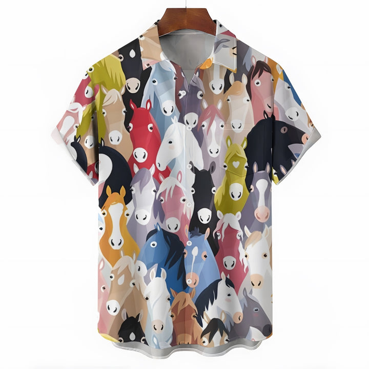 Men's Colored Horse Casual Short Sleeve Shirt 2410006996