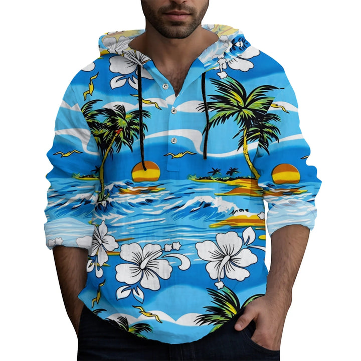 Hawaiian Coconut Tree Print Hooded Half-Sleeve Shirt 2408002119