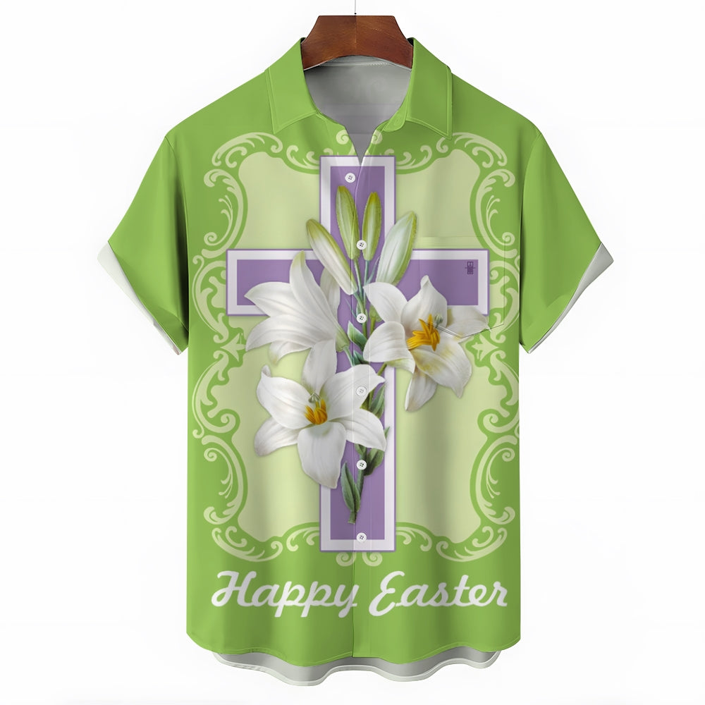 Happy Easter Cross Print Casual Short Sleeve Shirt 2412010174