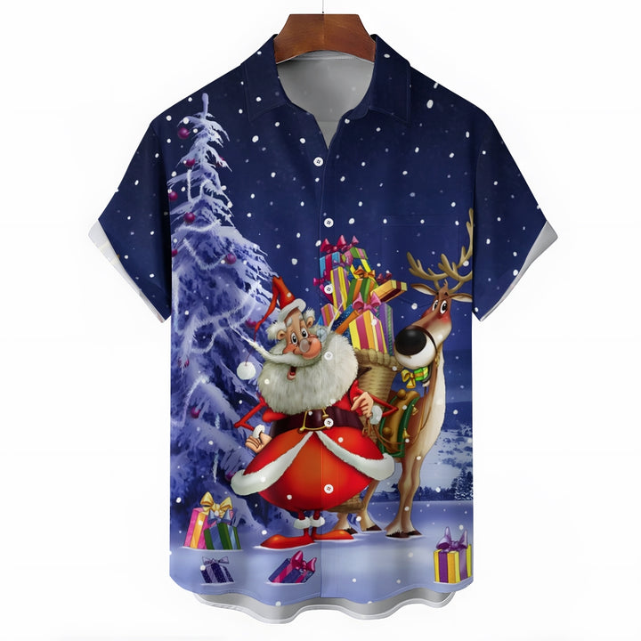 Men's Santa Claus and Elk Casual Short Sleeve Shirt 2411004006