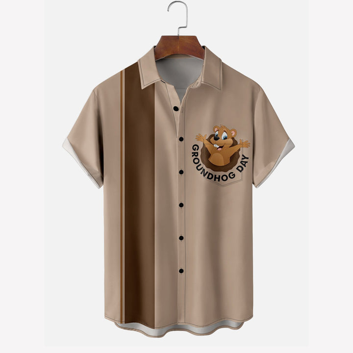 Breathable Groundhog Day Chest Pocket Bowling Shirt